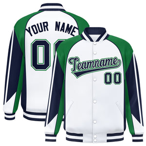 Custom White Kelly Green Varsity Full-Snap Personalized Raglan Sleeves Color Block Letterman Jacket