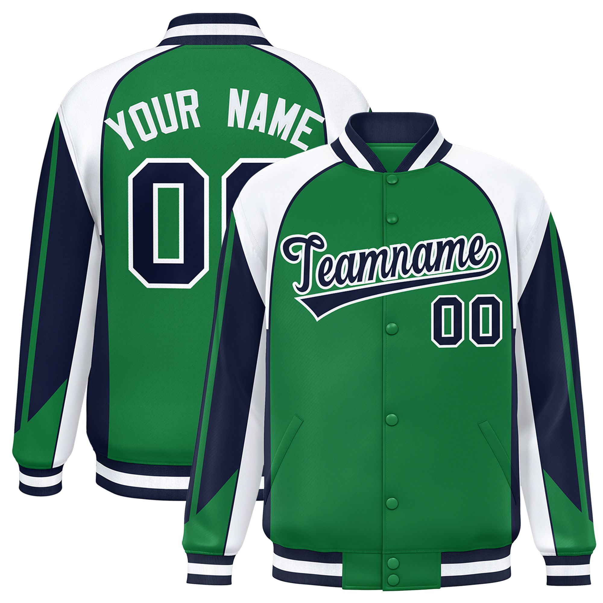 Custom Kelly Green White Varsity Full-Snap Personalized Raglan Sleeves Color Block Letterman Jacket