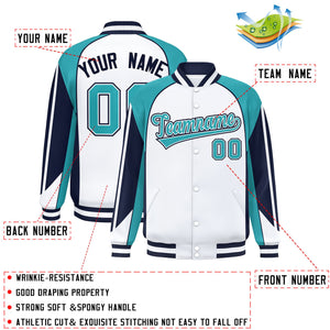 Custom White Aqua Varsity Full-Snap Personalized Raglan Sleeves Color Block Letterman Jacket