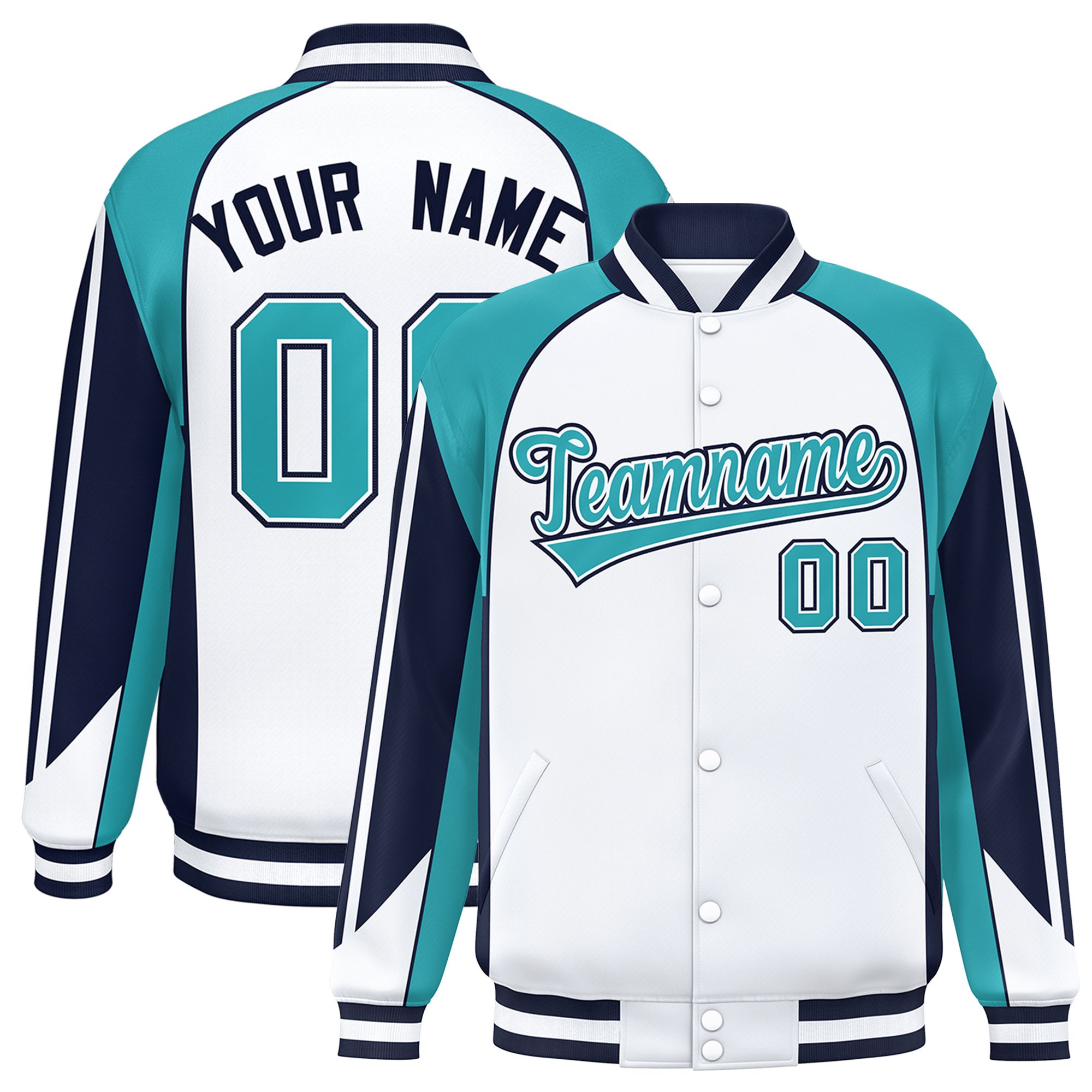 Custom White Aqua Varsity Full-Snap Personalized Raglan Sleeves Color Block Letterman Jacket