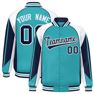 Custom Aqua White Varsity Full-Snap Personalized Raglan Sleeves Color Block Letterman Jacket