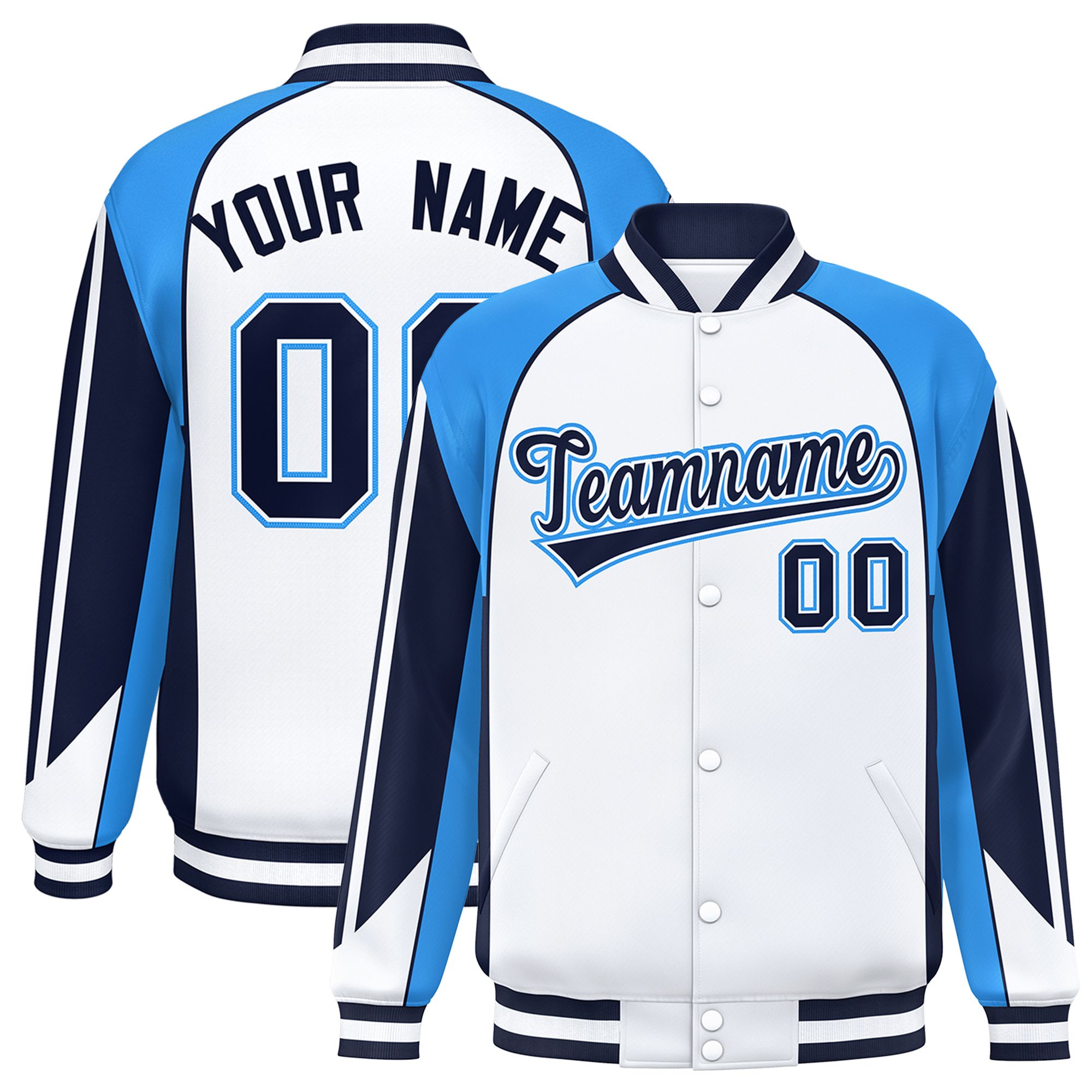 Custom White Powder Blue Varsity Full-Snap Personalized Raglan Sleeves Color Block Letterman Jacket