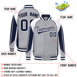 Custom Gray White Varsity Full-Snap Personalized Raglan Sleeves Color Block Letterman Jacket