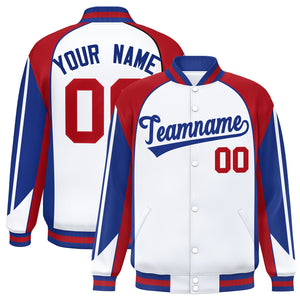 Custom White Red Varsity Full-Snap Personalized Raglan Sleeves Color Block Letterman Jacket