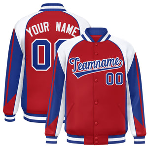 Custom Red White Varsity Full-Snap Personalized Raglan Sleeves Color Block Letterman Jacket