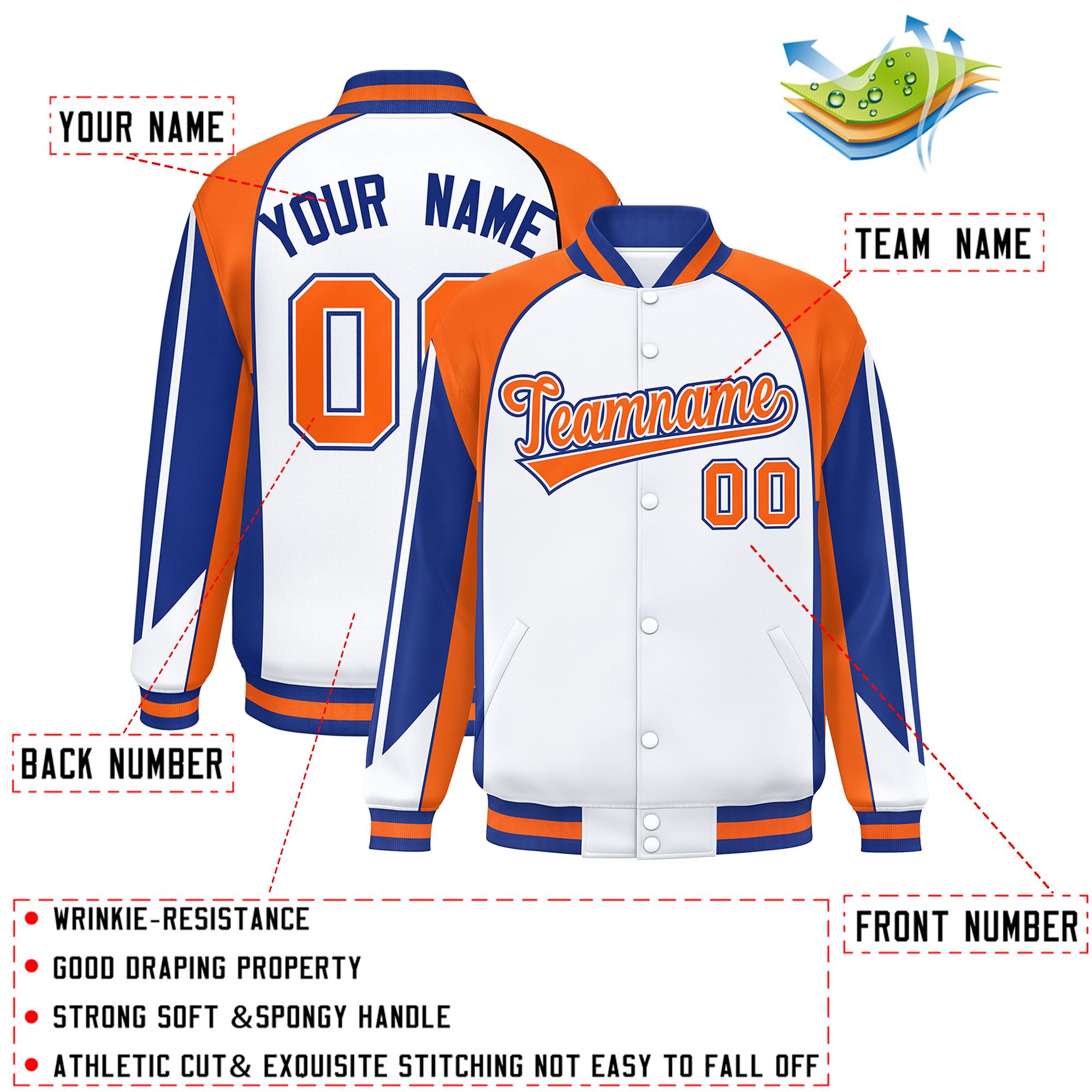 Custom White Orange Varsity Full-Snap Personalized Raglan Sleeves Color Block Letterman Jacket