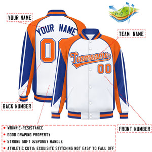 Custom White Orange Varsity Full-Snap Personalized Raglan Sleeves Color Block Letterman Jacket