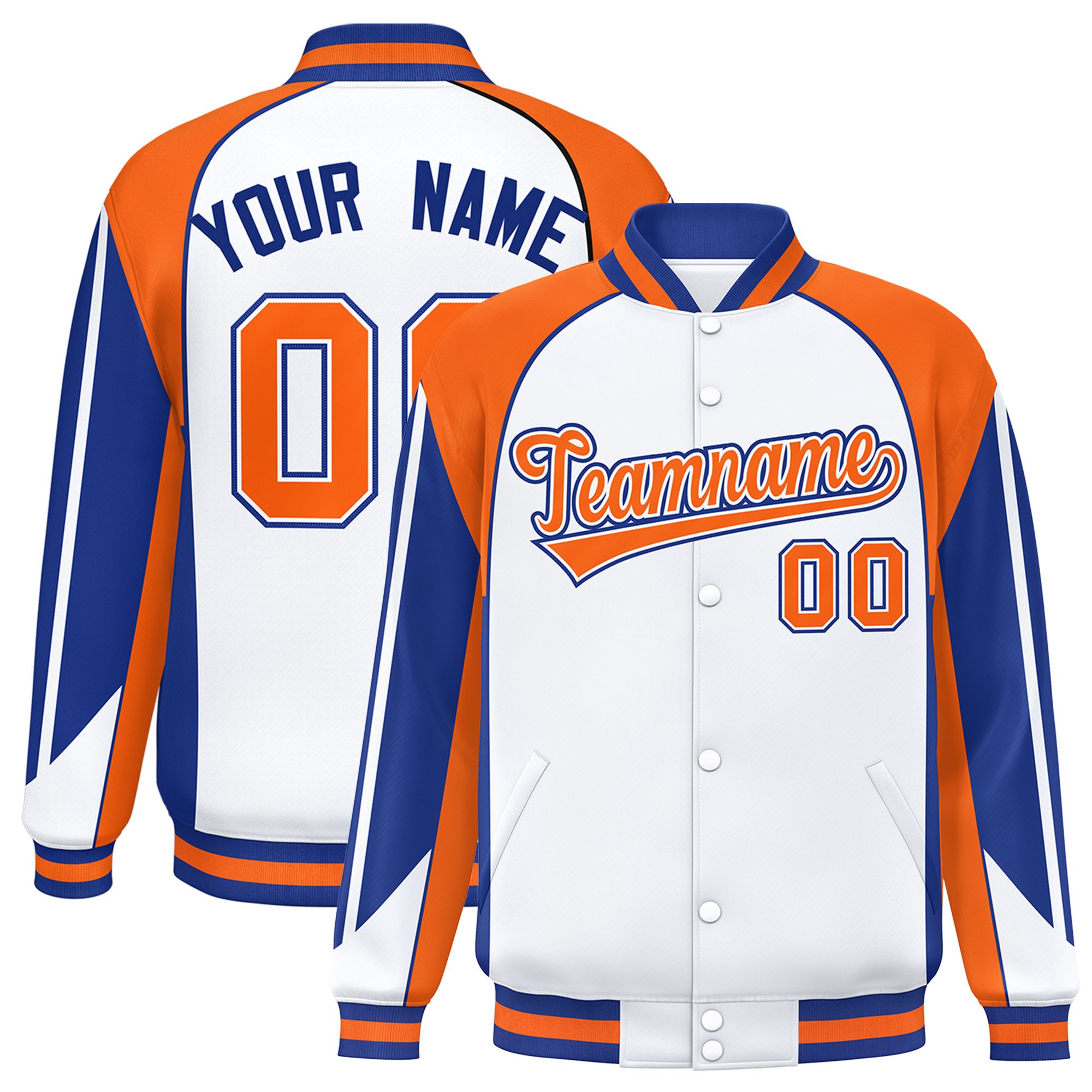 Custom White Orange Varsity Full-Snap Personalized Raglan Sleeves Color Block Letterman Jacket