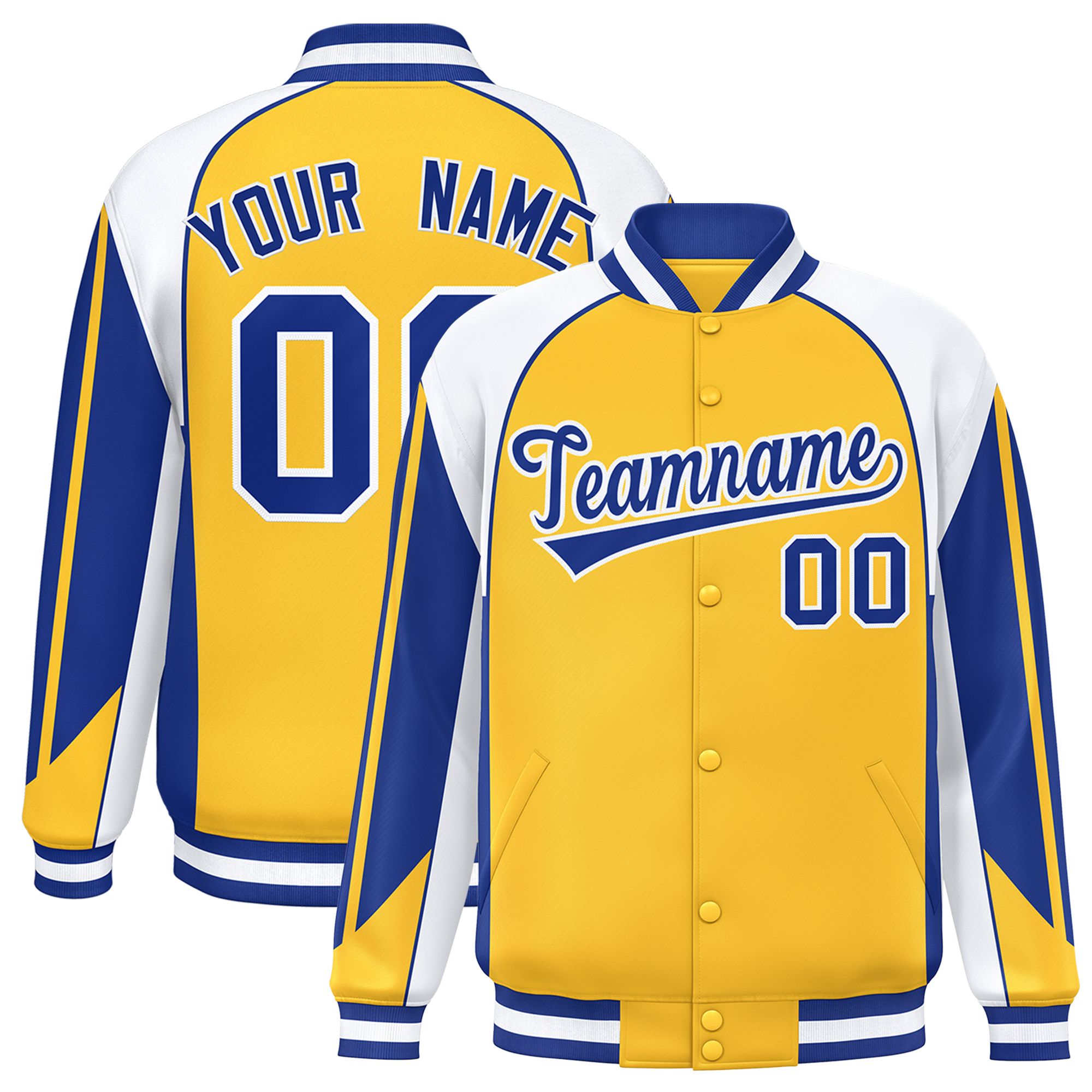 Custom Gold White Varsity Full-Snap Personalized Raglan Sleeves Color Block Letterman Jacket