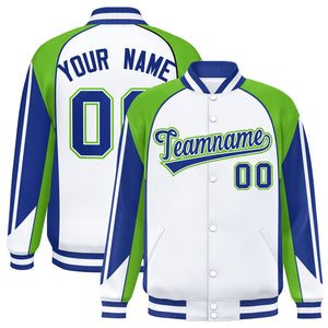 Custom White Green Varsity Full-Snap Personalized Raglan Sleeves Color Block Letterman Jacket