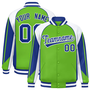 Custom Green White Varsity Full-Snap Personalized Raglan Sleeves Color Block Letterman Jacket