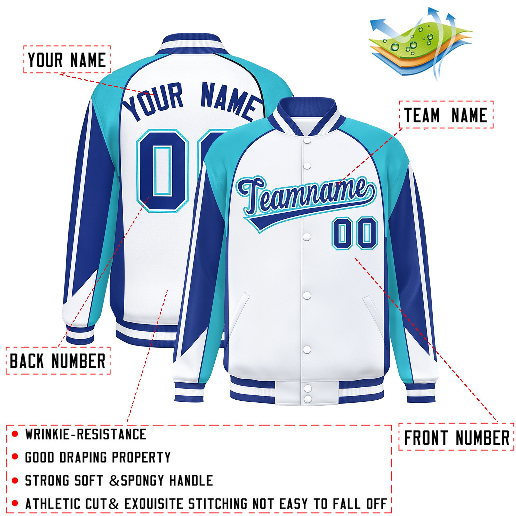 Custom White Sky Blue Varsity Full-Snap Personalized Raglan Sleeves Color Block Letterman Jacket