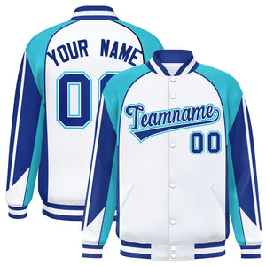 Custom White Sky Blue Varsity Full-Snap Personalized Raglan Sleeves Color Block Letterman Jacket