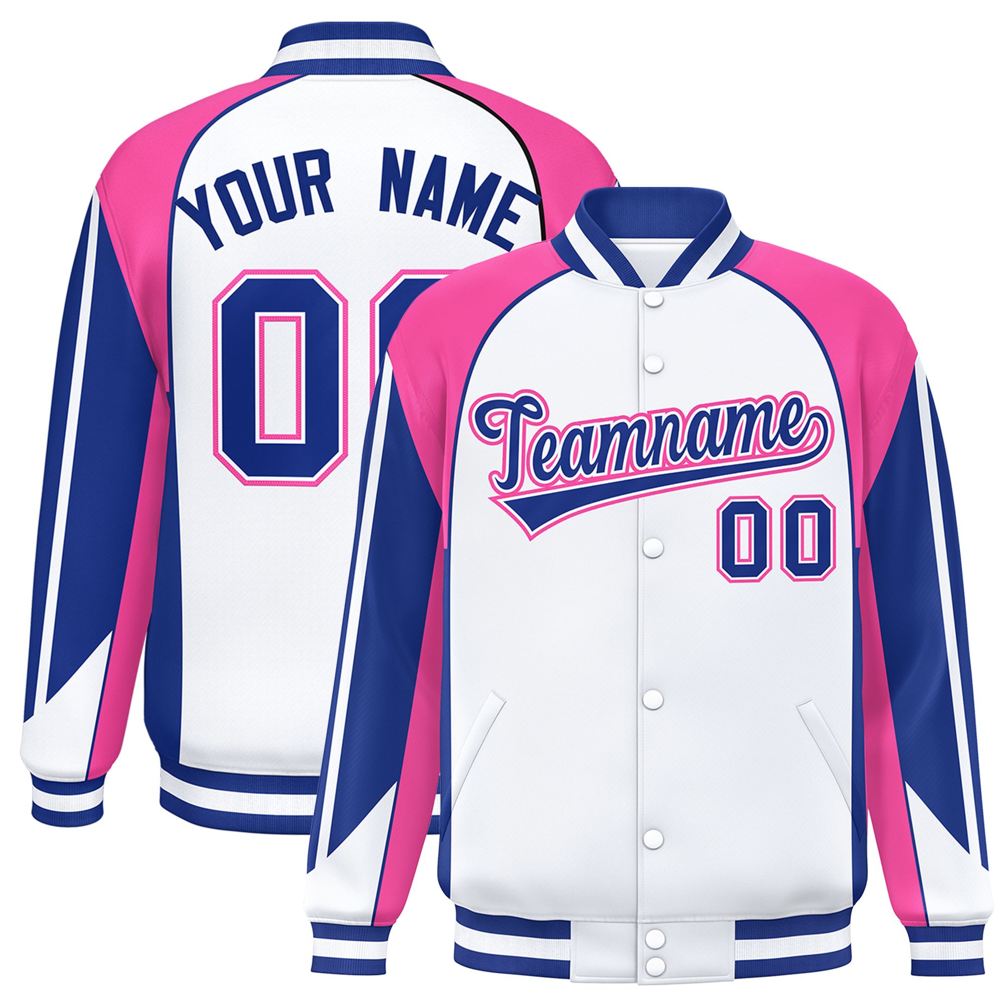 Custom White Pink Varsity Full-Snap Personalized Raglan Sleeves Color Block Letterman Jacket