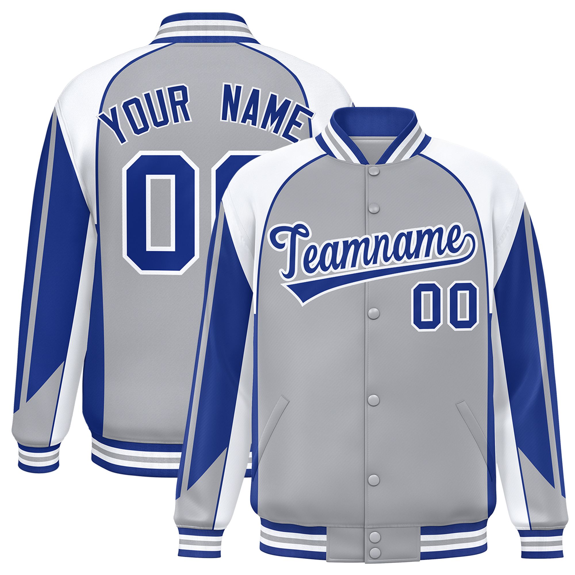 Custom Gray White Varsity Full-Snap Personalized Raglan Sleeves Color Block Letterman Jacket