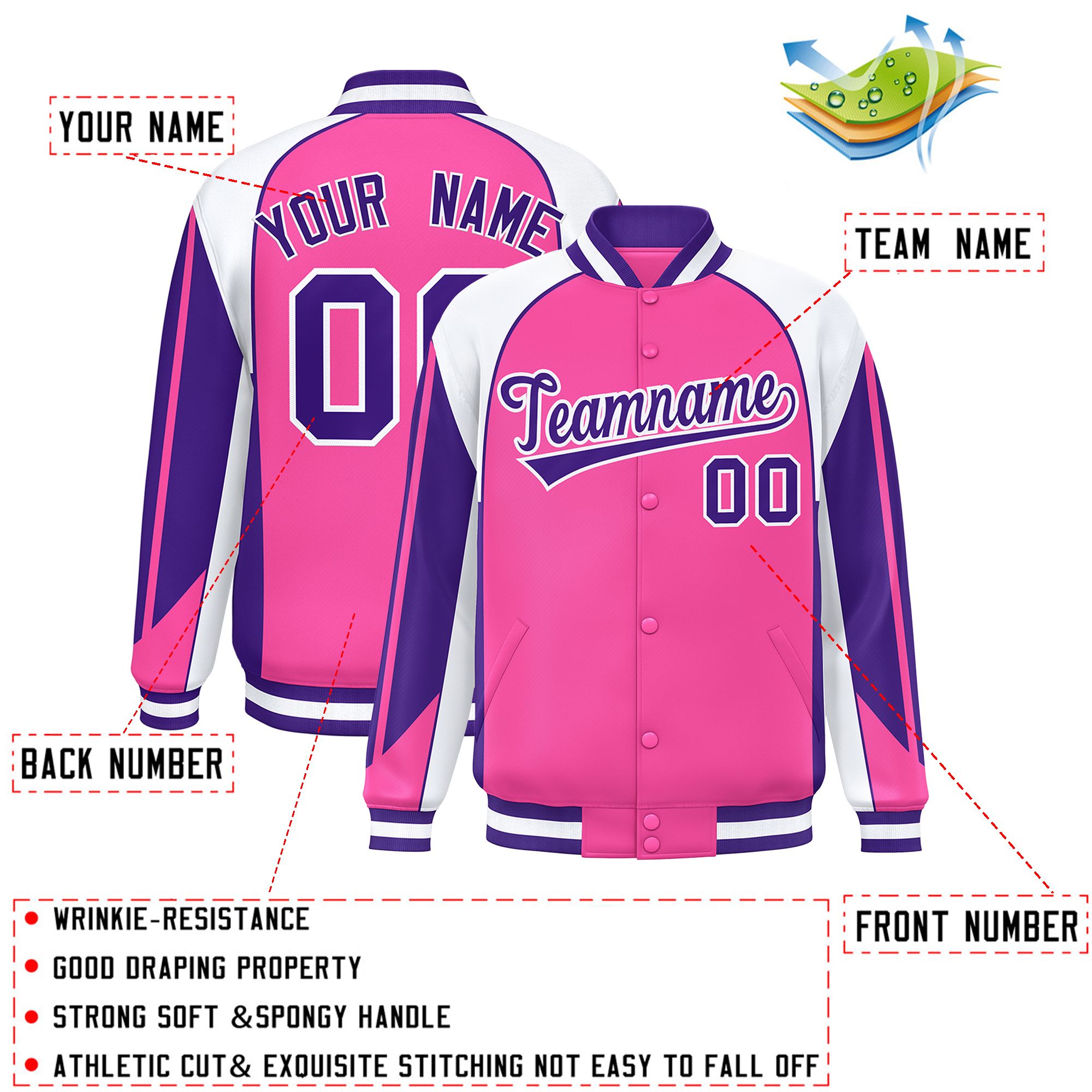 Custom Pink White Varsity Full-Snap Personalized Raglan Sleeves Color Block Letterman Jacket