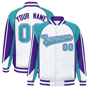 Custom White Aqua Varsity Full-Snap Personalized Raglan Sleeves Color Block Letterman Jacket