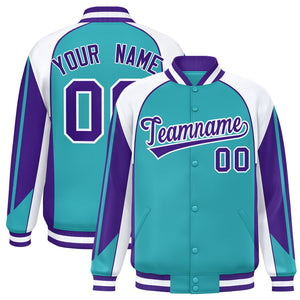 Custom Aqua White Varsity Full-Snap Personalized Raglan Sleeves Color Block Letterman Jacket