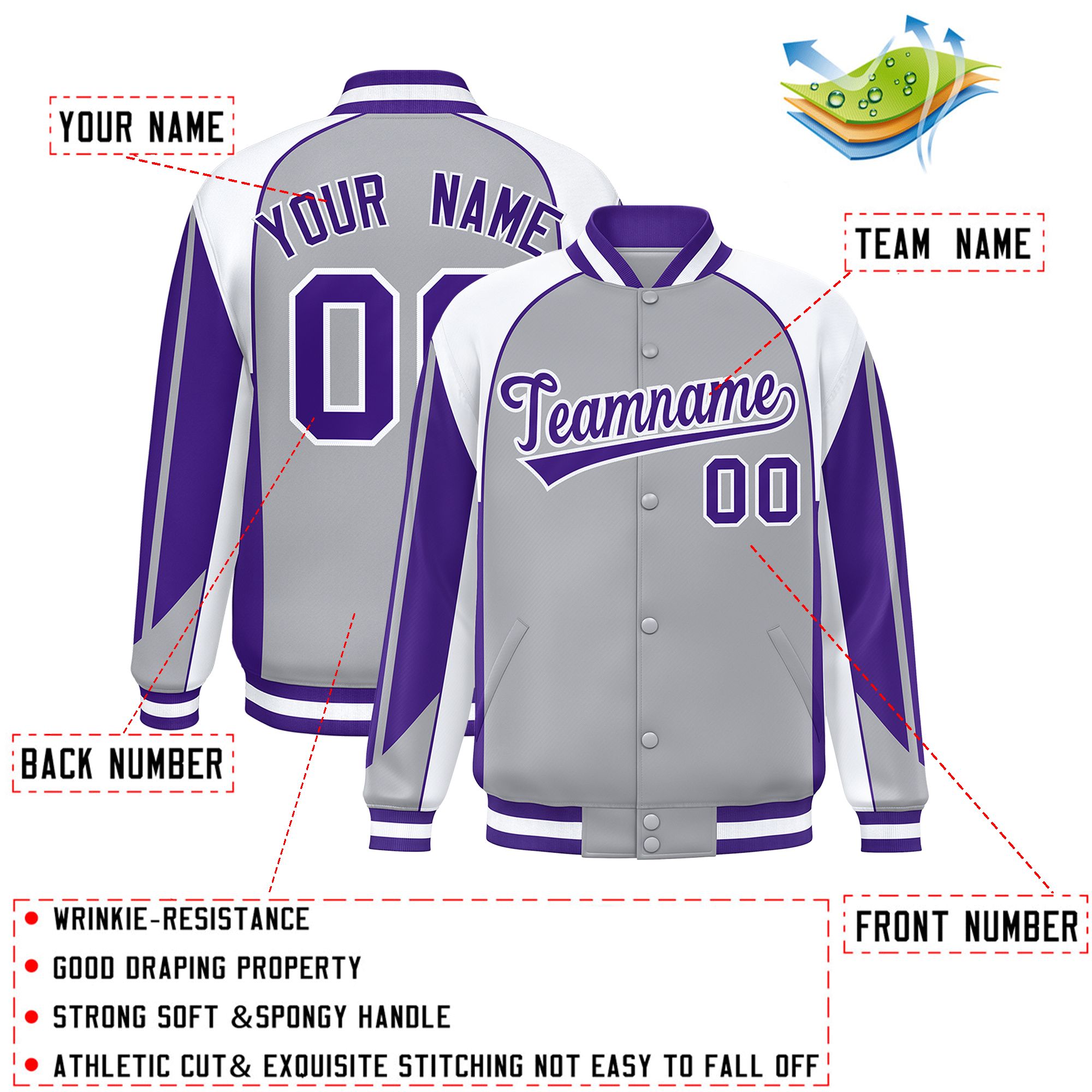 Custom Gray White Varsity Full-Snap Personalized Raglan Sleeves Color Block Letterman Jacket