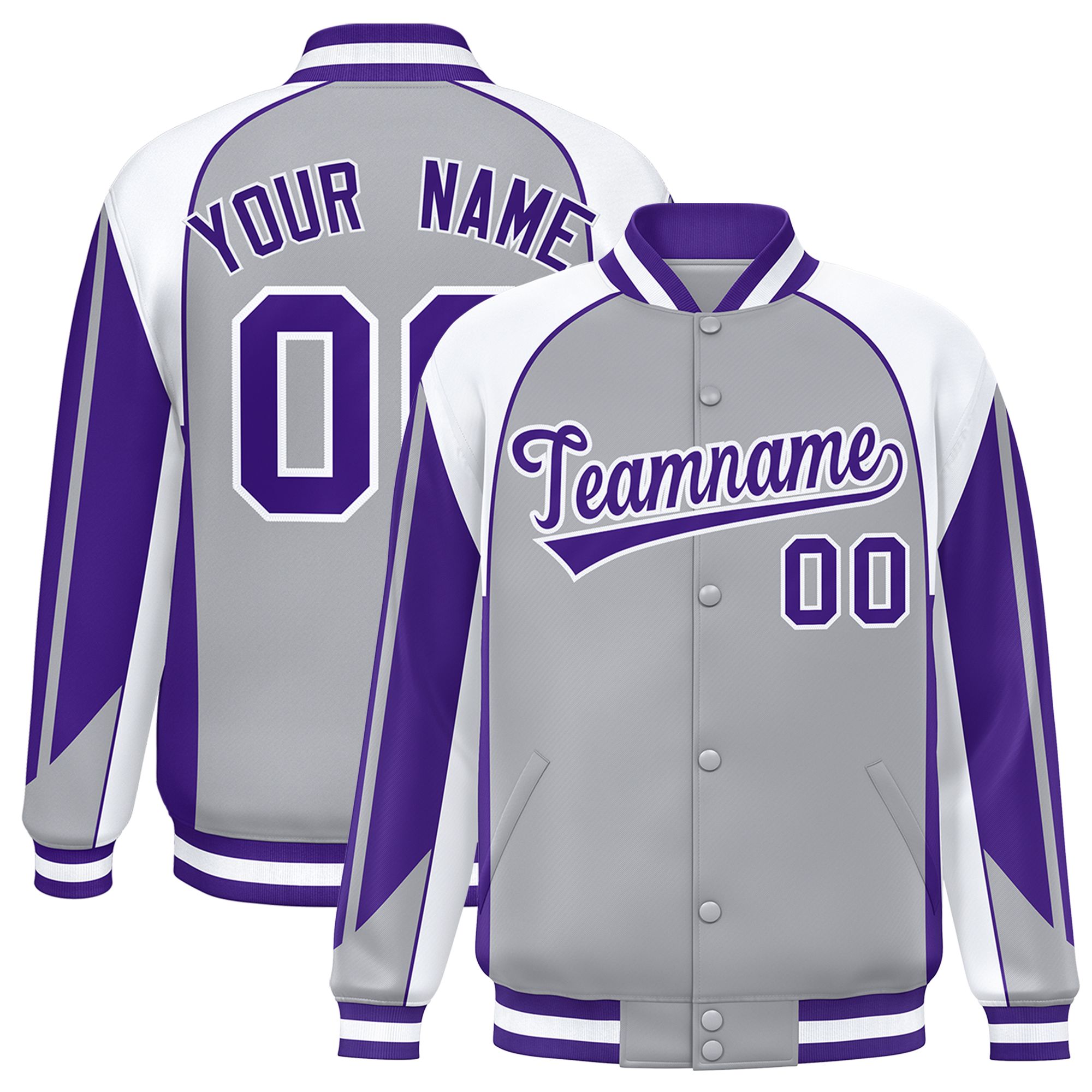 Custom Gray White Varsity Full-Snap Personalized Raglan Sleeves Color Block Letterman Jacket