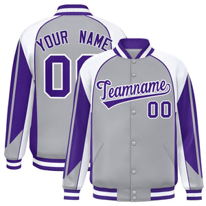 Custom Gray White Varsity Full-Snap Personalized Raglan Sleeves Color Block Letterman Jacket