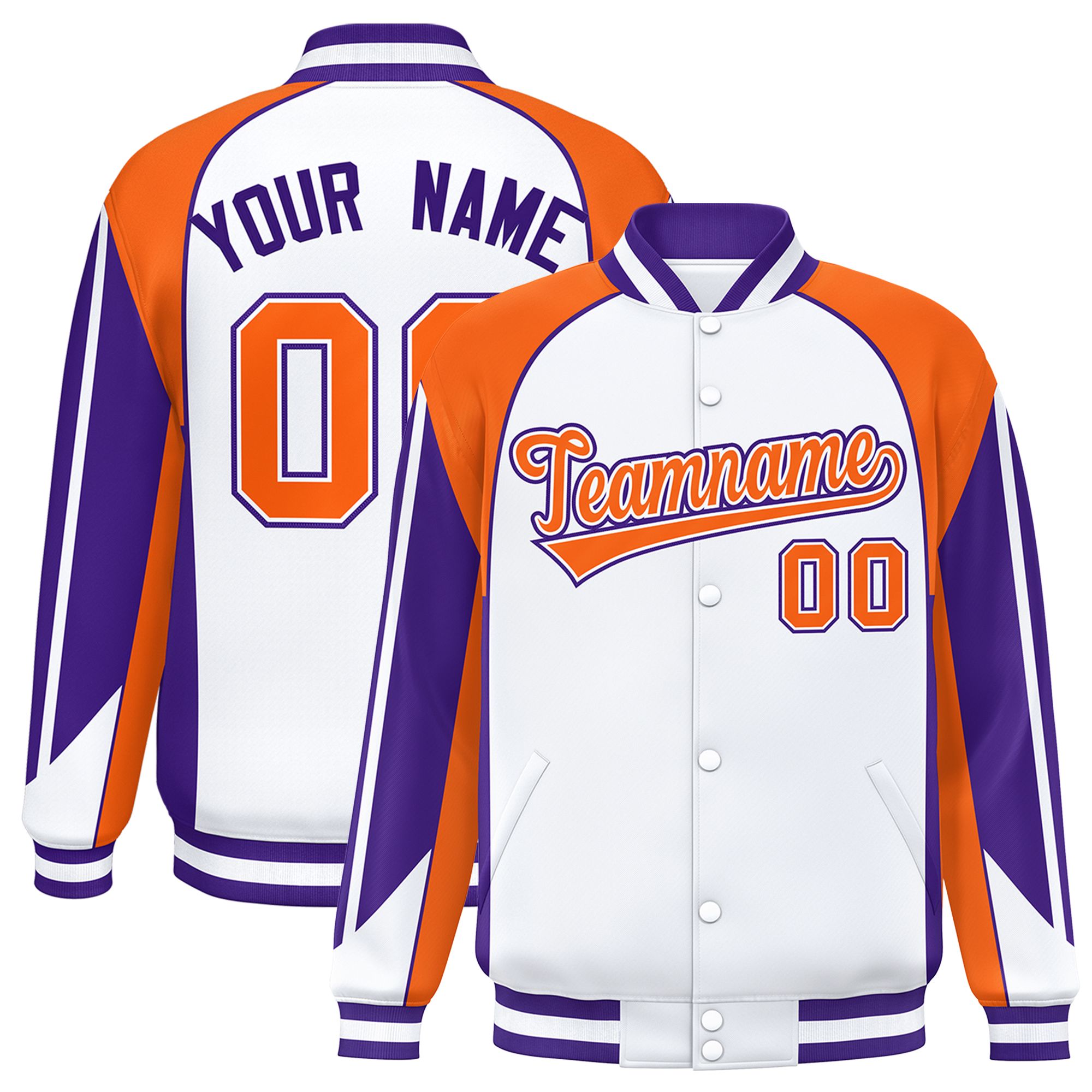 Custom White Orange Varsity Full-Snap Personalized Raglan Sleeves Color Block Letterman Jacket