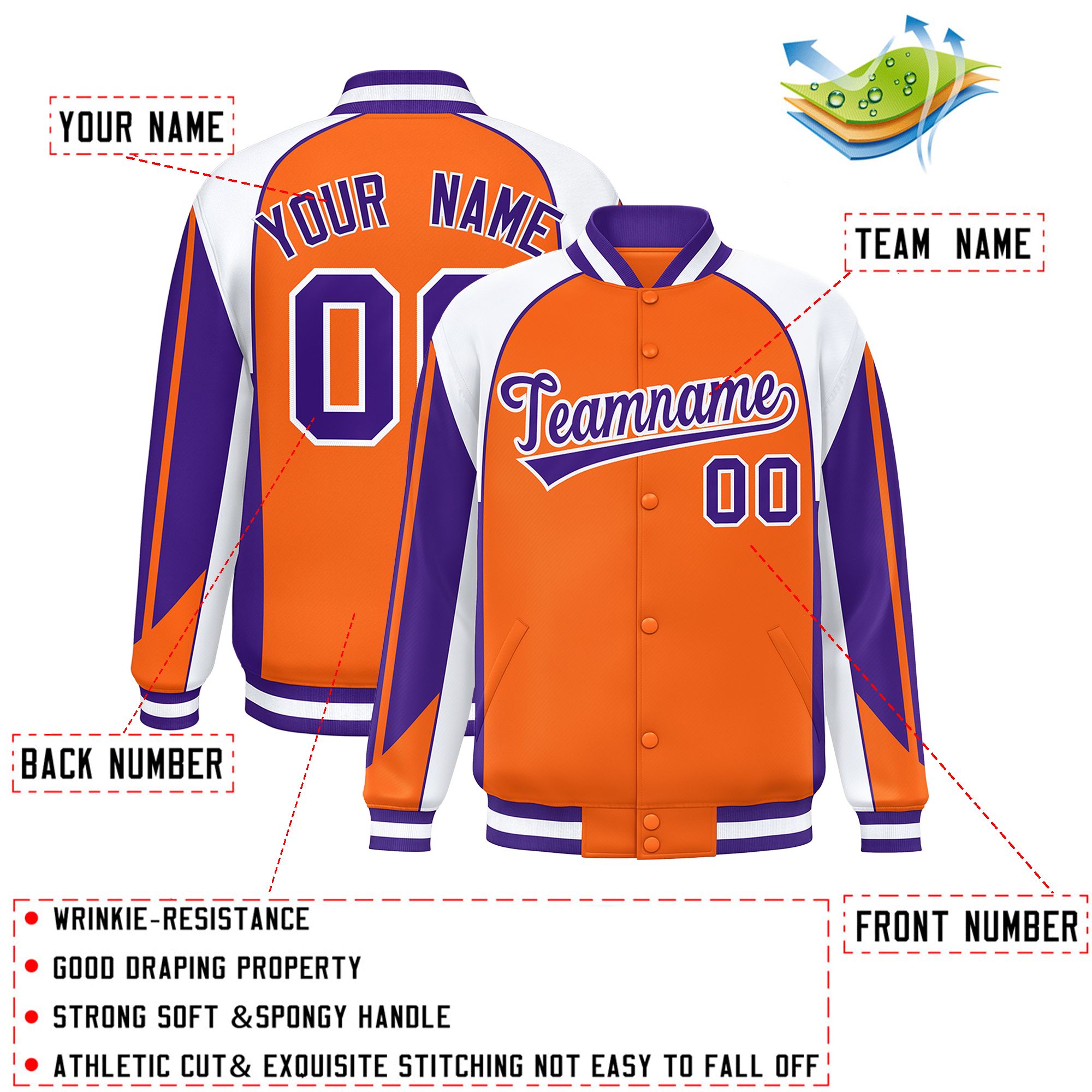 Custom Orange White Varsity Full-Snap Personalized Raglan Sleeves Color Block Letterman Jacket