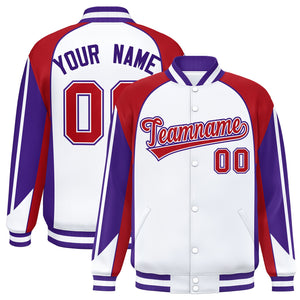 Custom White Red Varsity Full-Snap Personalized Raglan Sleeves Color Block Letterman Jacket