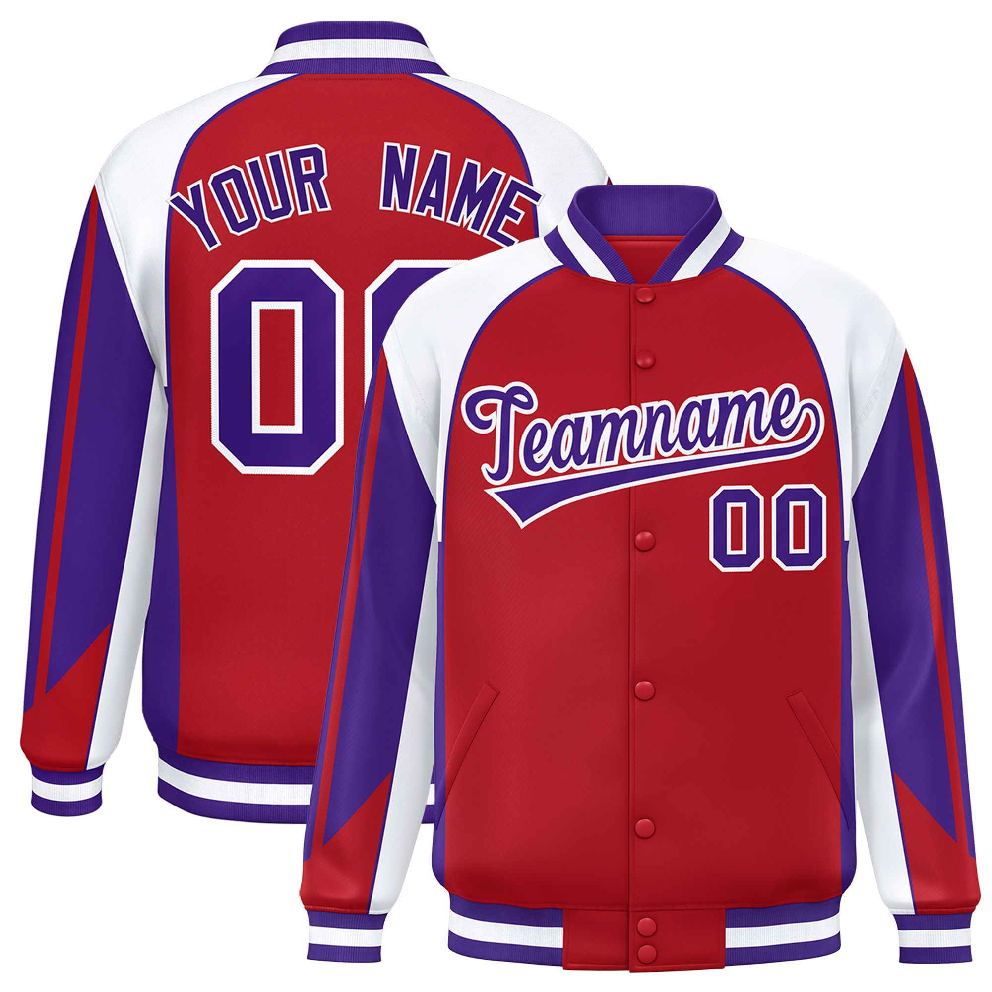 Custom Red White Varsity Full-Snap Personalized Raglan Sleeves Color Block Letterman Jacket