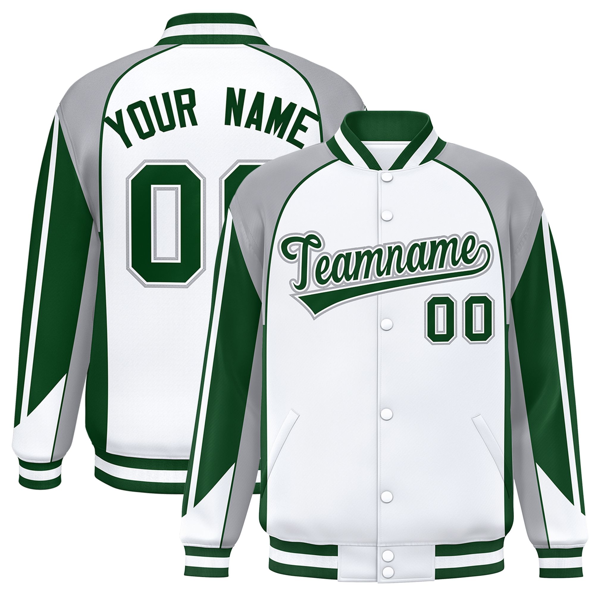 Custom White Gray Varsity Full-Snap Personalized Raglan Sleeves Color Block Letterman Jacket