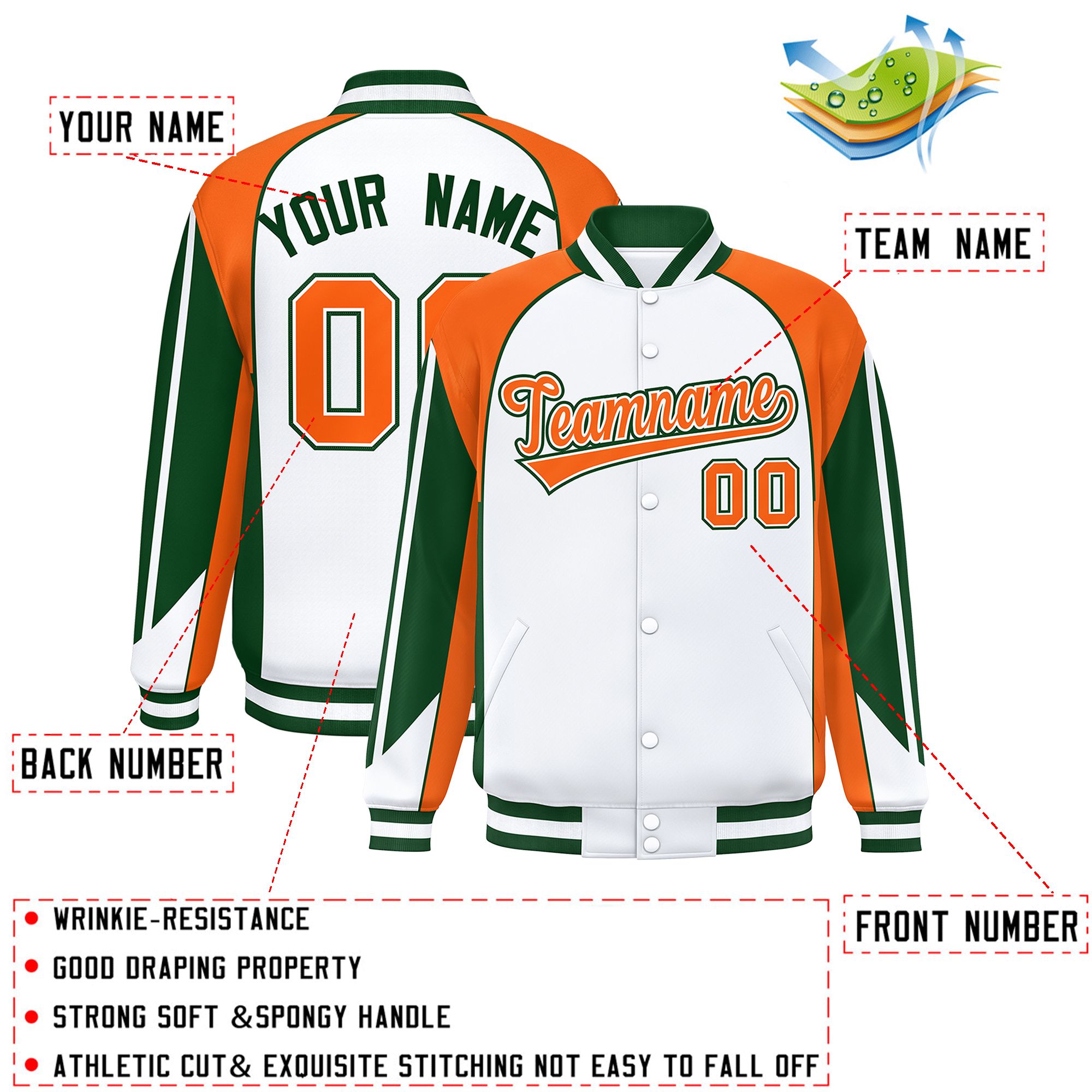 Custom White Orange Varsity Full-Snap Personalized Raglan Sleeves Color Block Letterman Jacket