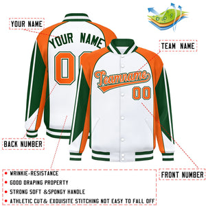 Custom White Orange Varsity Full-Snap Personalized Raglan Sleeves Color Block Letterman Jacket