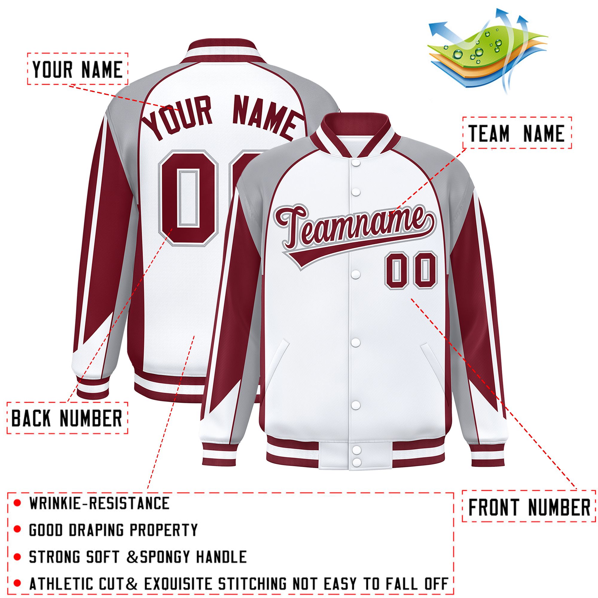 Custom White Gray Varsity Full-Snap Personalized Raglan Sleeves Color Block Letterman Jacket