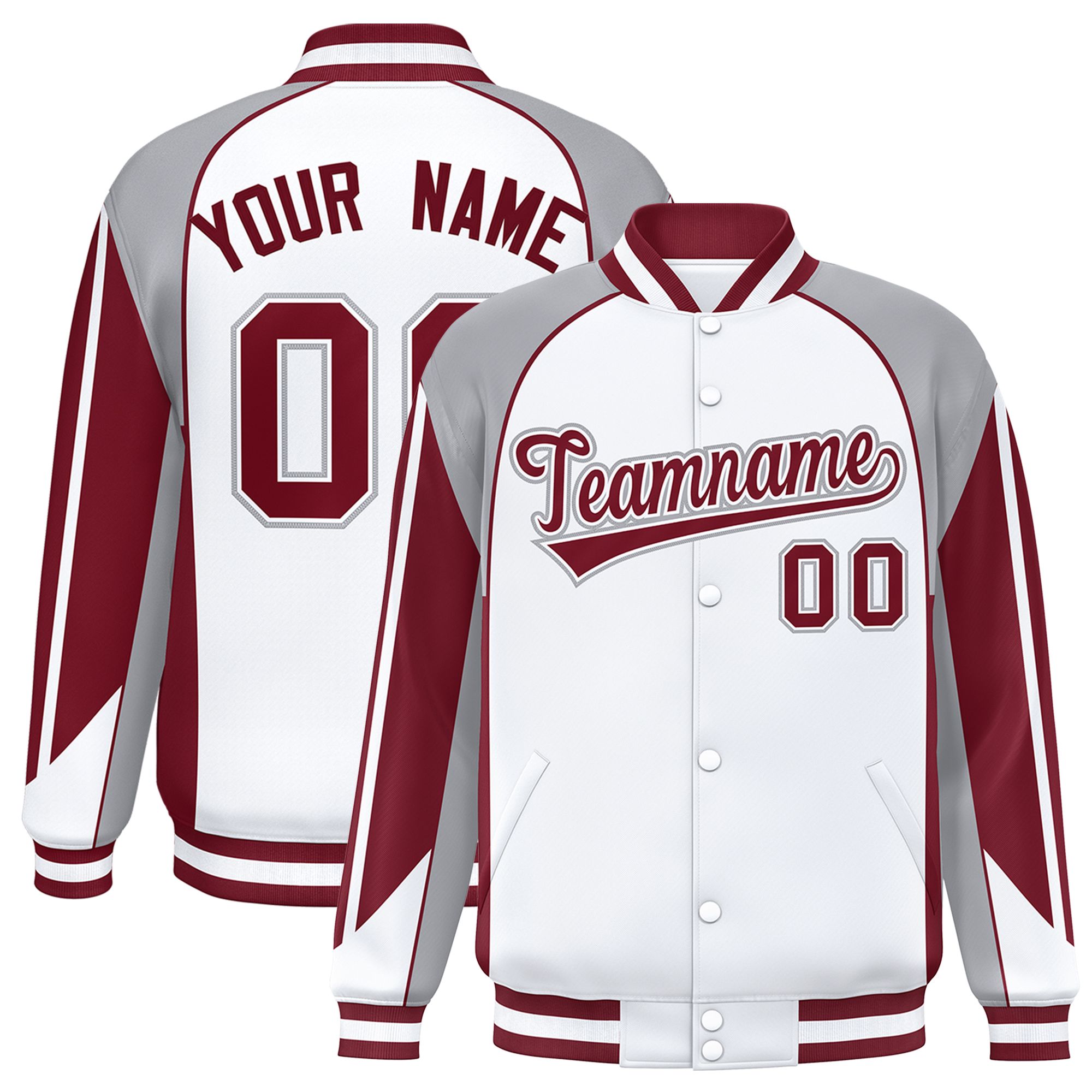 Custom White Gray Varsity Full-Snap Personalized Raglan Sleeves Color Block Letterman Jacket