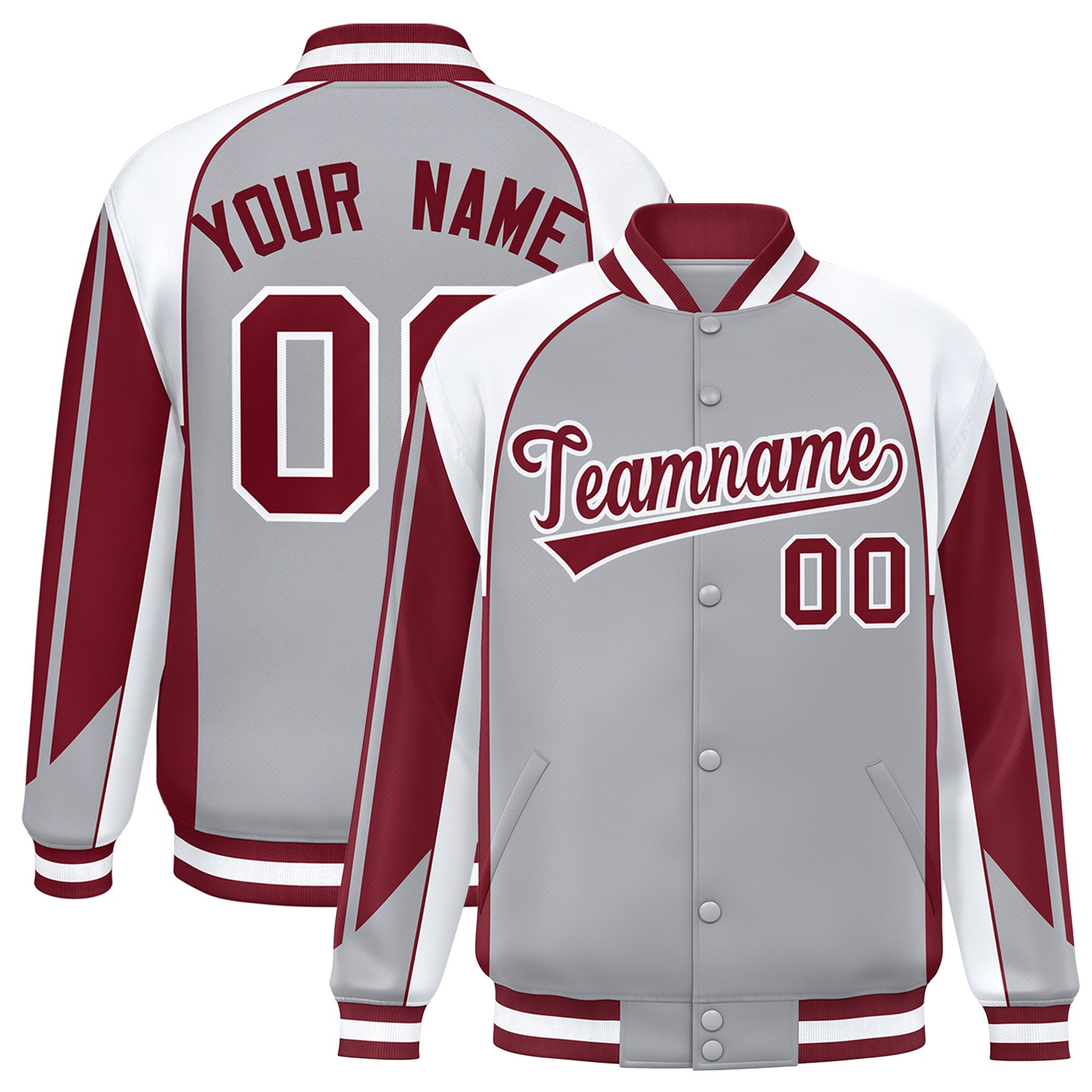 Custom Gray White Varsity Full-Snap Personalized Raglan Sleeves Color Block Letterman Jacket