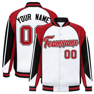 Custom White Red Varsity Full-Snap Personalized Raglan Sleeves Color Block Letterman Jacket