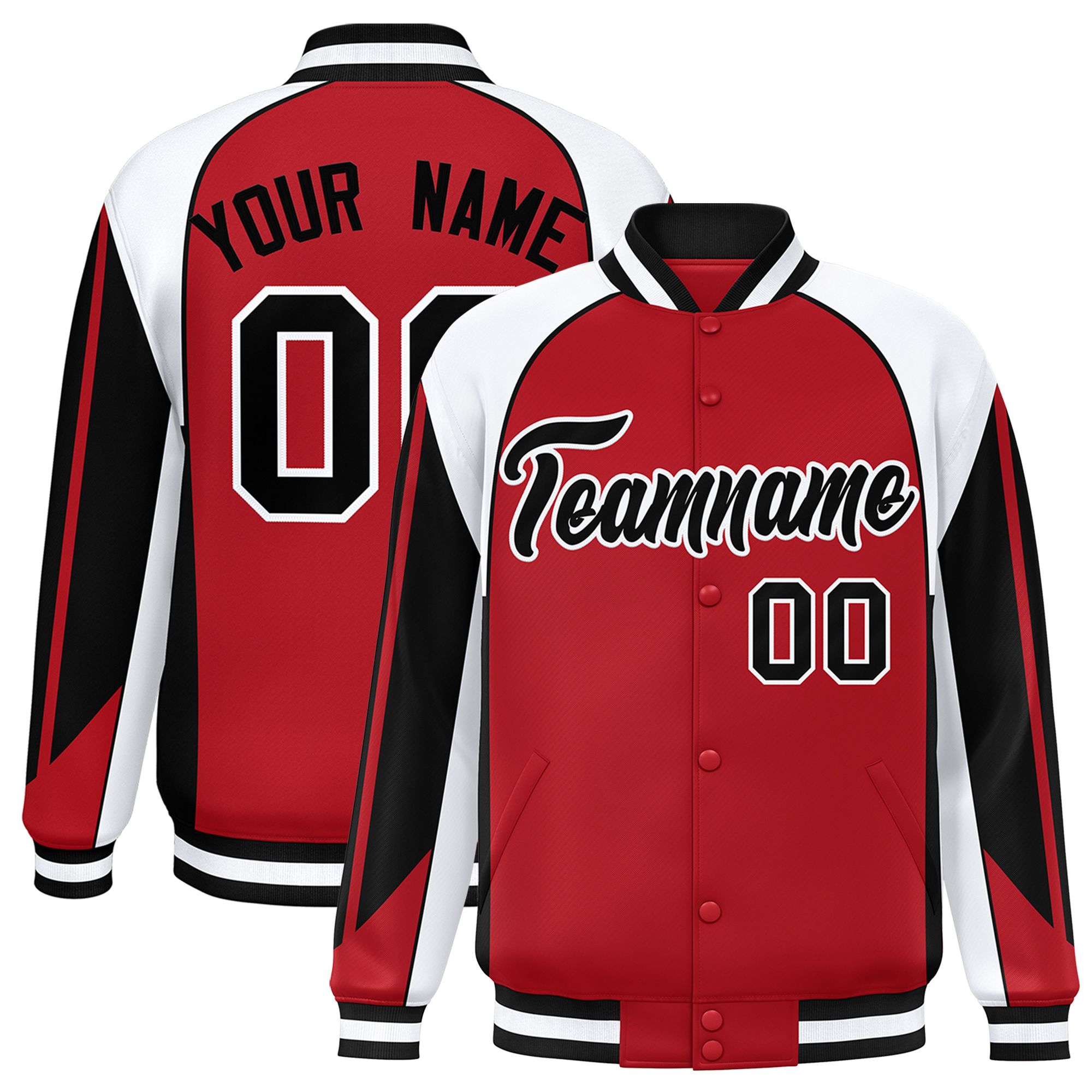 Custom Red White Varsity Full-Snap Personalized Raglan Sleeves Color Block Letterman Jacket