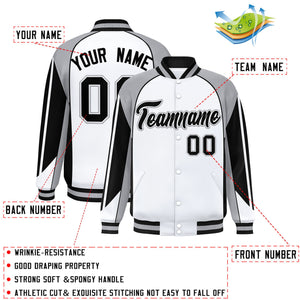 Custom White Gray Varsity Full-Snap Personalized Raglan Sleeves Color Block Letterman Jacket