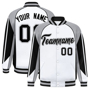 Custom White Gray Varsity Full-Snap Personalized Raglan Sleeves Color Block Letterman Jacket