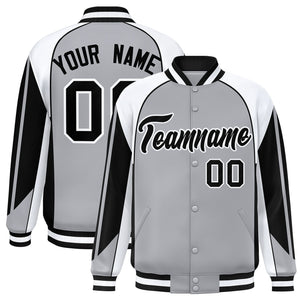 Custom Gray White Varsity Full-Snap Personalized Raglan Sleeves Color Block Letterman Jacket