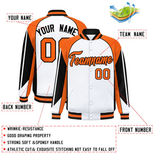 Custom White Orange Varsity Full-Snap Personalized Raglan Sleeves Color Block Letterman Jacket