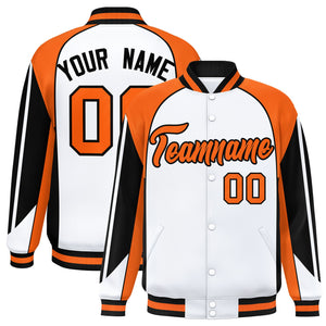 Custom White Orange Varsity Full-Snap Personalized Raglan Sleeves Color Block Letterman Jacket