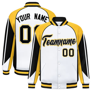 Custom White Gold Varsity Full-Snap Personalized Raglan Sleeves Color Block Letterman Jacket