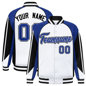 Custom White Royal Varsity Full-Snap Personalized Raglan Sleeves Color Block Letterman Jacket