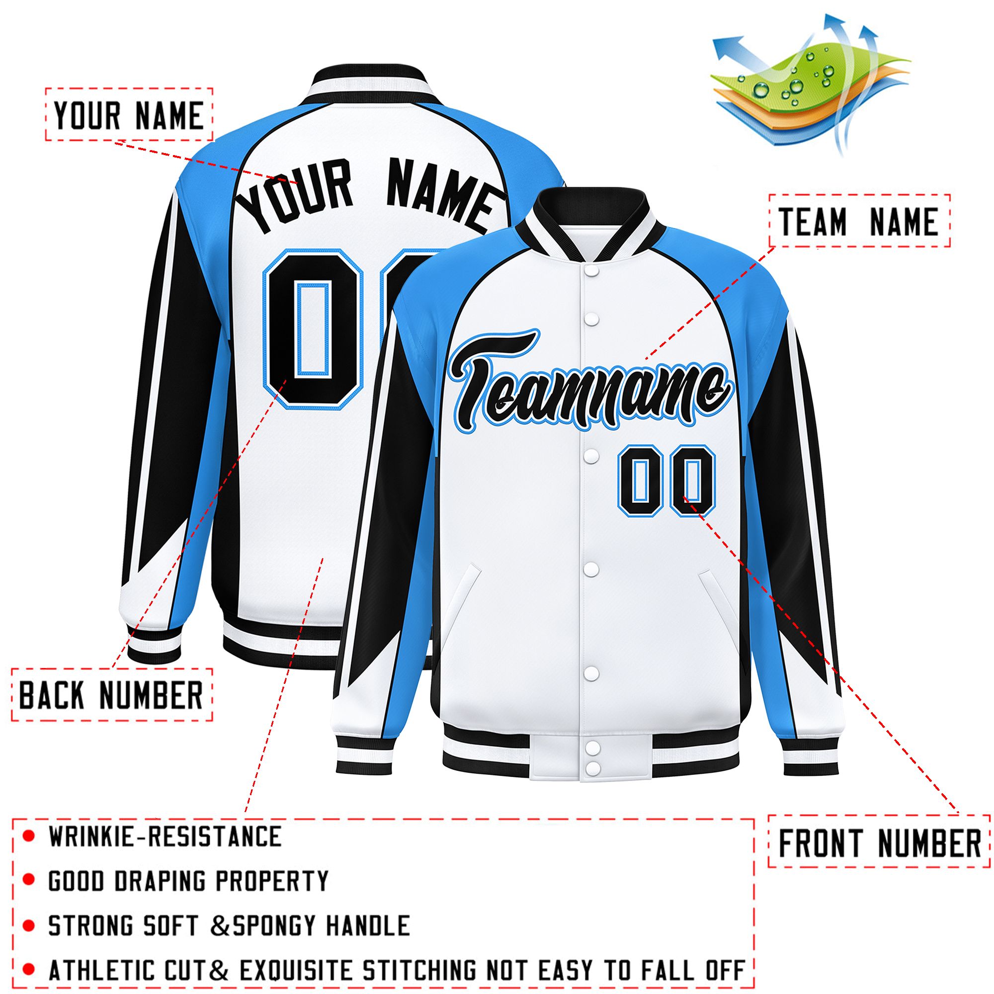 Custom White Powder Blue Varsity Full-Snap Personalized Raglan Sleeves Color Block Letterman Jacket