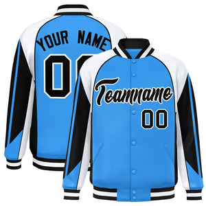 Custom Powder Blue White Varsity Full-Snap Personalized Raglan Sleeves Color Block Letterman Jacket