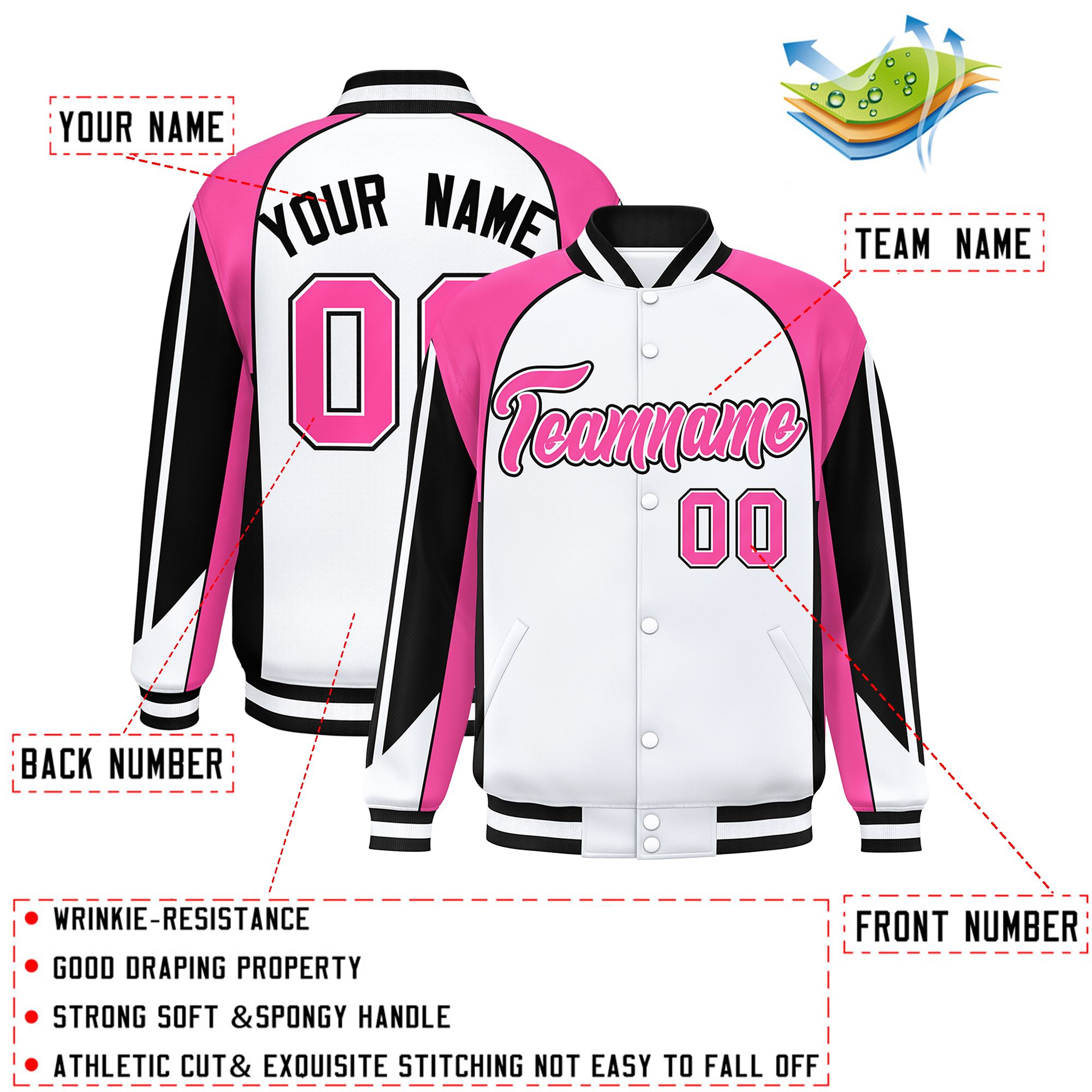 Custom White Pink Varsity Full-Snap Personalized Raglan Sleeves Color Block Letterman Jacket