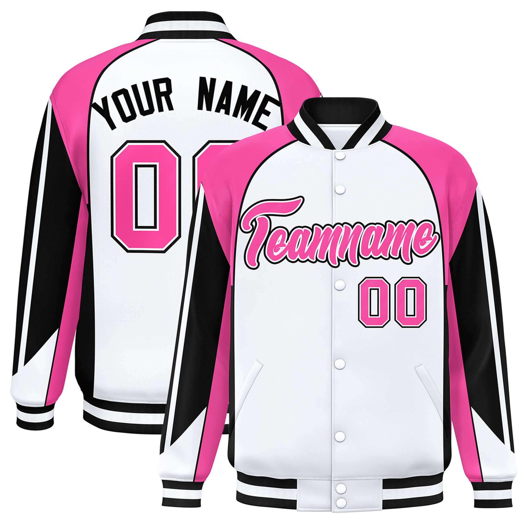 Custom White Pink Varsity Full-Snap Personalized Raglan Sleeves Color Block Letterman Jacket