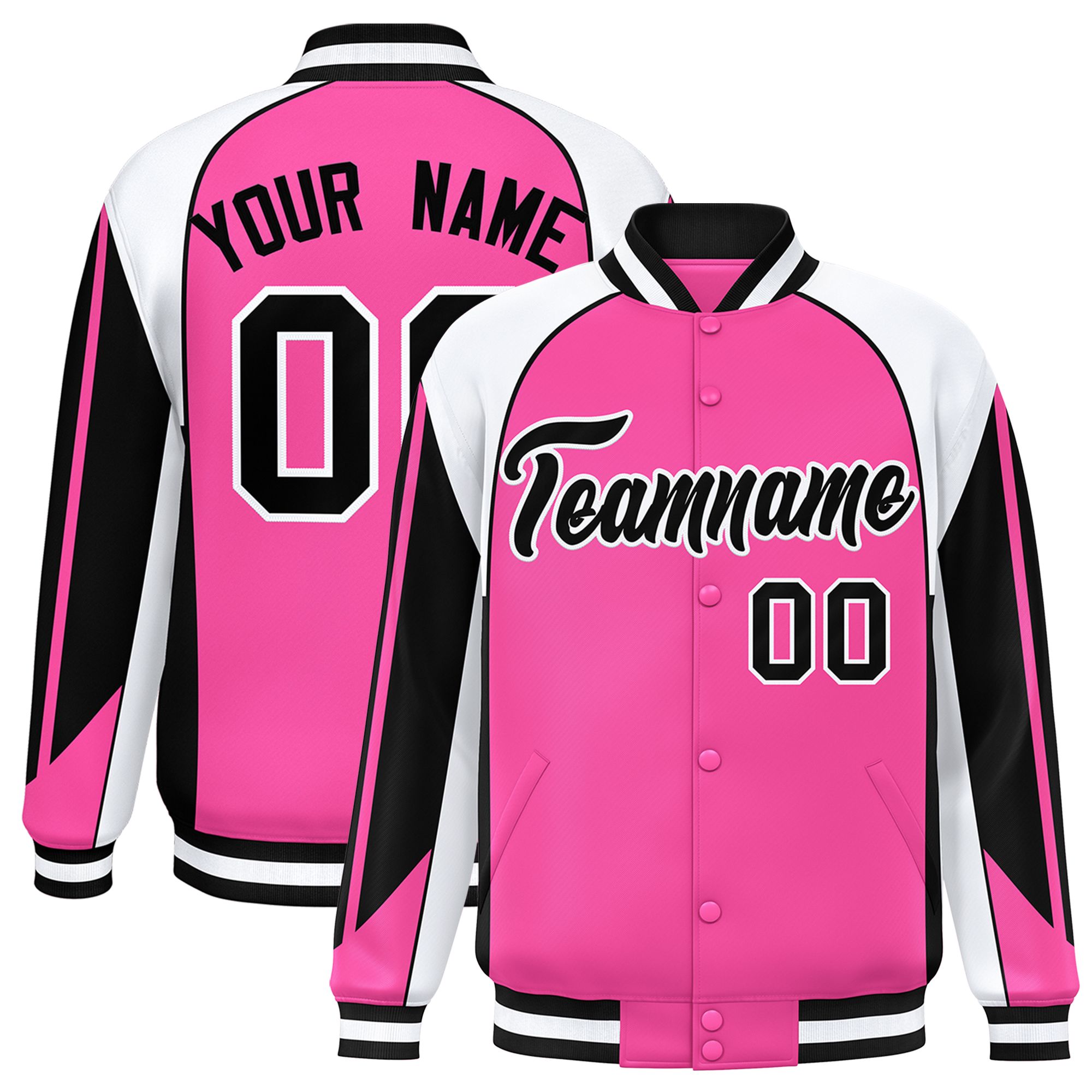 Custom Pink White Varsity Full-Snap Personalized Raglan Sleeves Color Block Letterman Jacket