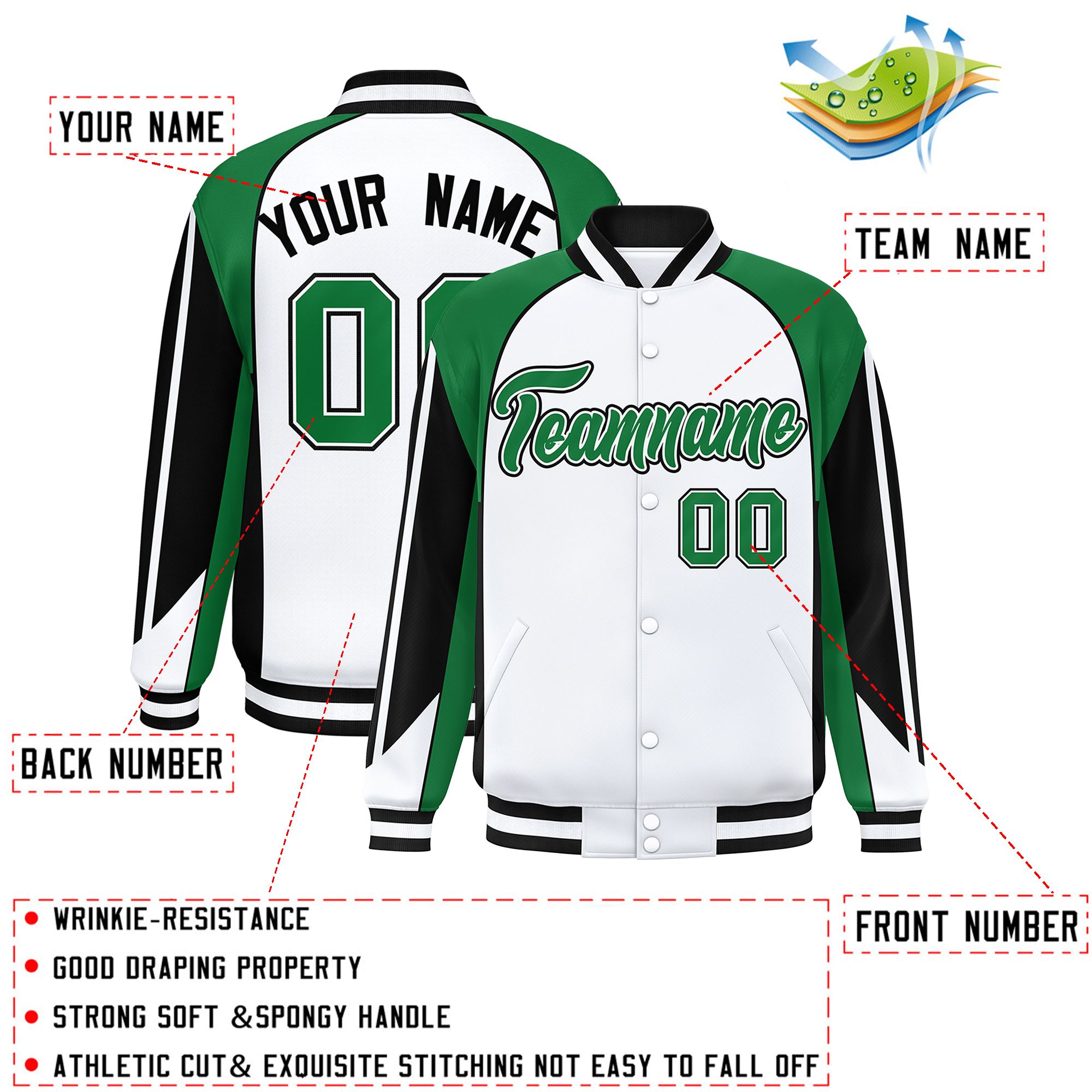 Custom White Kelly Green Varsity Full-Snap Personalized Raglan Sleeves Color Block Letterman Jacket